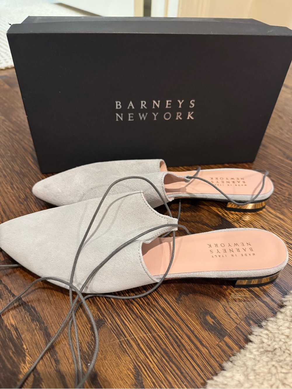 Barneys New York Light Gray Suede Pointed Lace-Up Mules